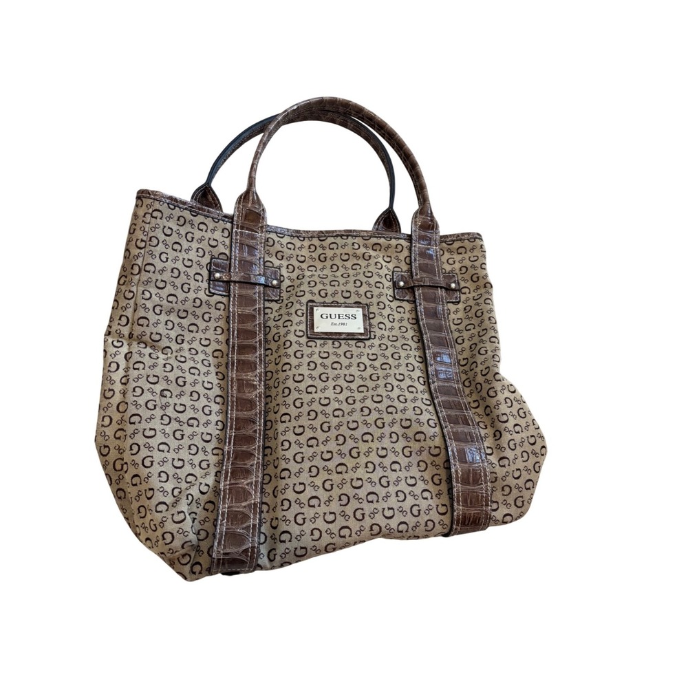 Guess Tote Bag Womens Large Brown Monogram Canvas Croc Embossed‎ Y2K Style